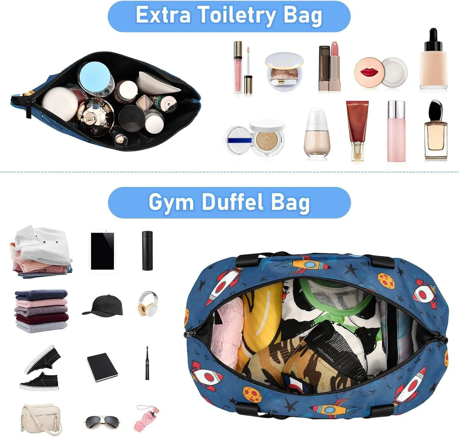 Cartoon Space on Blue Duffel Bags for Traveling Women Expandable Organized Gym Bag, Carry on Bags for Airplanes Underseat with Wet Pocket and Shoes Compartment