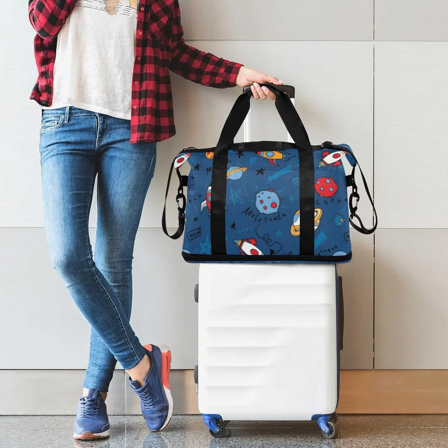 Cartoon Space on Blue Duffel Bags for Traveling Women Expandable Organized Gym Bag, Carry on Bags for Airplanes Underseat with Wet Pocket and Shoes Compartment