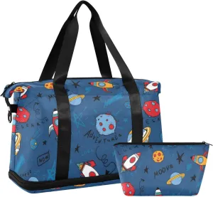 Cartoon Space on Blue Duffel Bags for Traveling Women Expandable Organized Gym Bag, Carry on Bags for Airplanes Underseat with Wet Pocket and Shoes Compartment