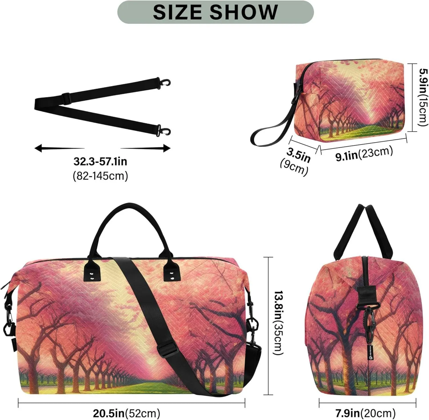 Cherry Blossom Spring Travel Bag Duffel Makeup Pouch Set of 2, Animal Floral Garment Duffel Bag Carry on Duffel Bag