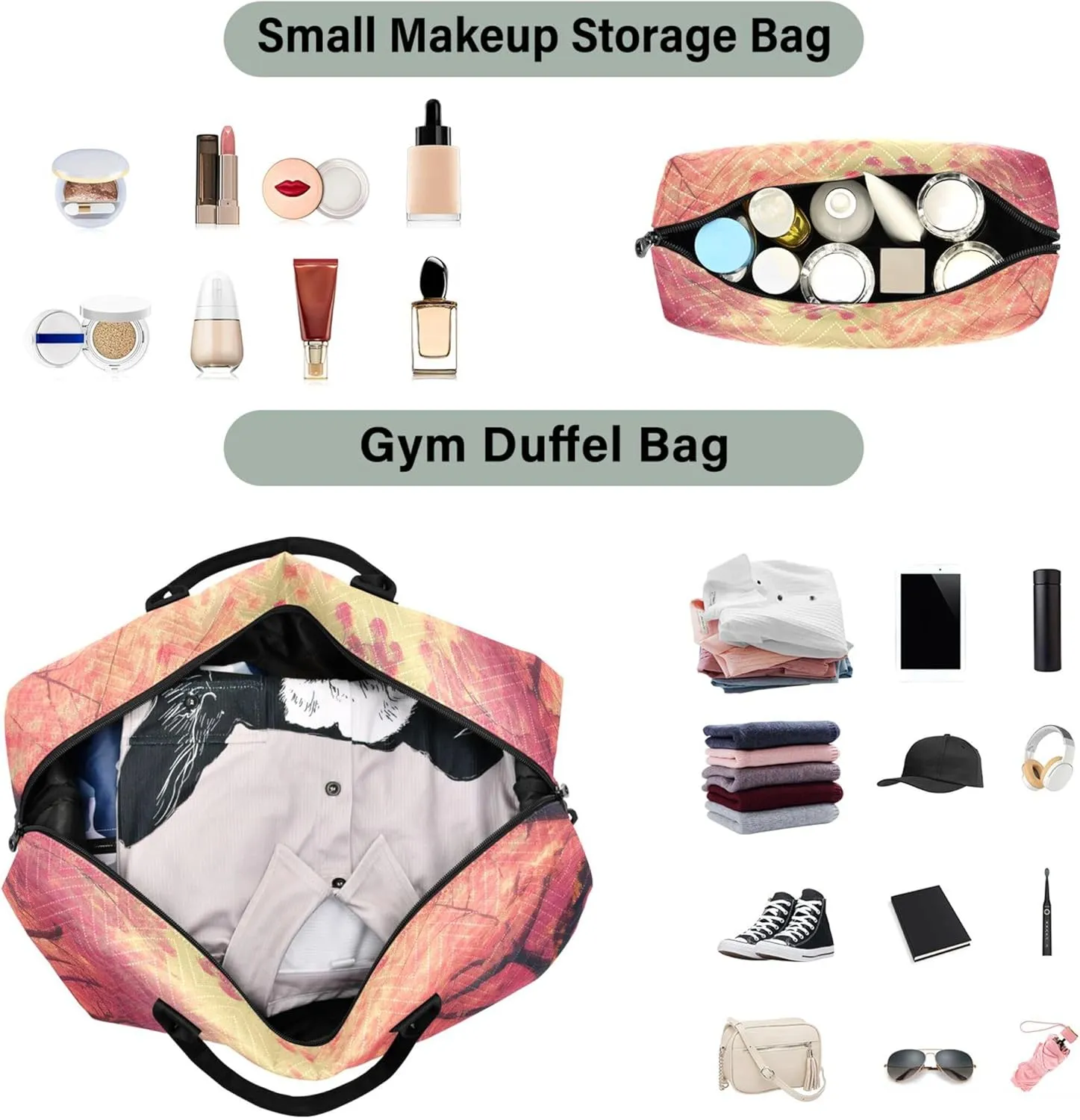 Cherry Blossom Spring Travel Bag Duffel Makeup Pouch Set of 2, Animal Floral Garment Duffel Bag Carry on Duffel Bag