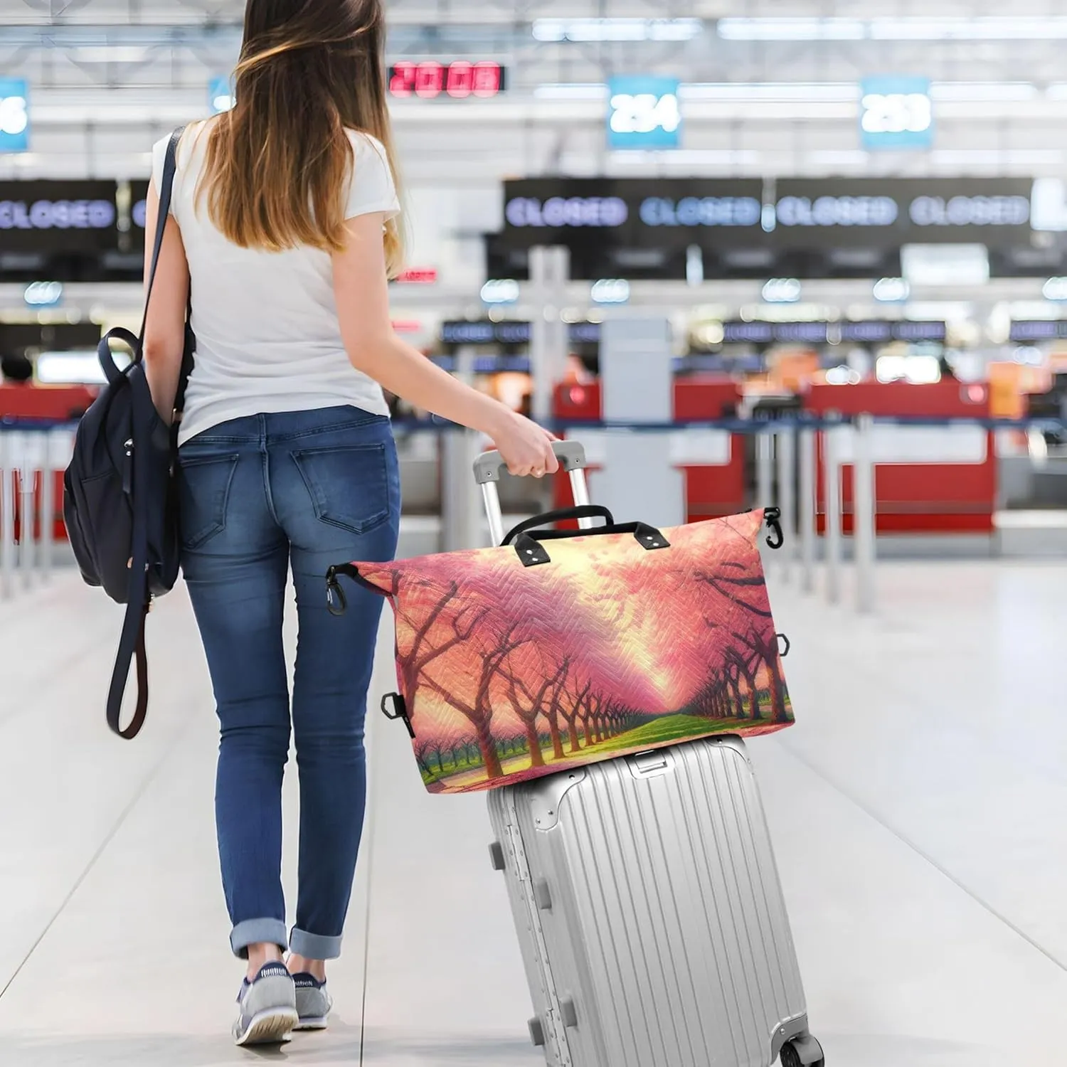 Cherry Blossom Spring Travel Bag Duffel Makeup Pouch Set of 2, Animal Floral Garment Duffel Bag Carry on Duffel Bag