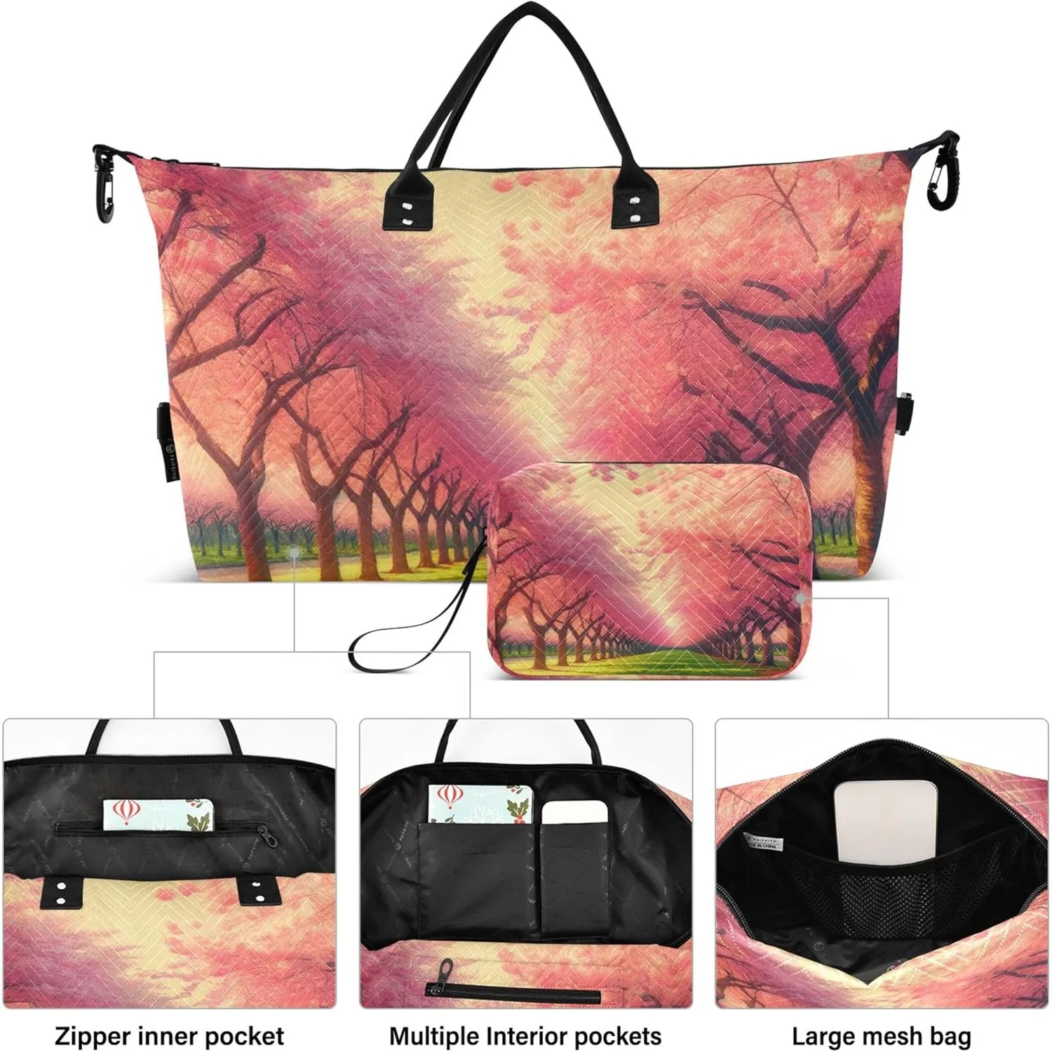 Cherry Blossom Spring Travel Bag Duffel Makeup Pouch Set of 2, Animal Floral Garment Duffel Bag Carry on Duffel Bag