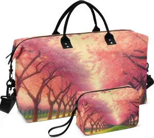 Cherry Blossom Spring Travel Bag Duffel Makeup Pouch Set of 2, Animal Floral Garment Duffel Bag Carry on Duffel Bag