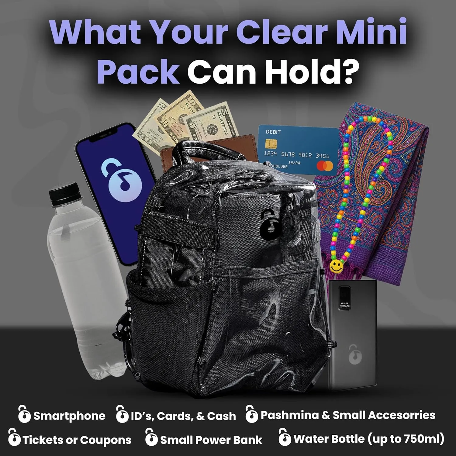 Clear Mini Pack  Anti Theft Clear Backpack for a Seamless Security Experience - Locking Zipper Clips Keep Items Safe During Festivals, Raves, and Travel