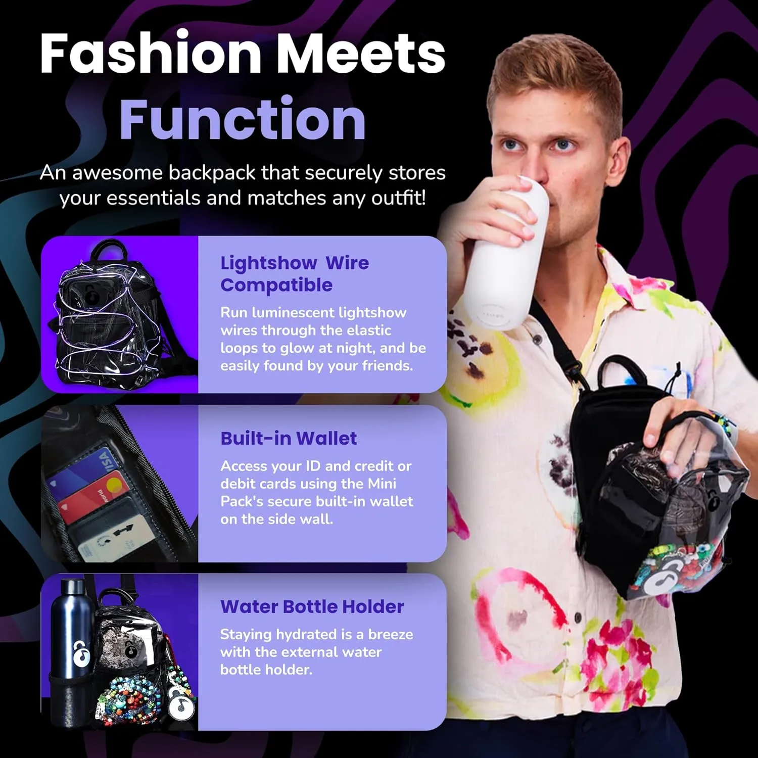 Clear Mini Pack  Anti Theft Clear Backpack for a Seamless Security Experience - Locking Zipper Clips Keep Items Safe During Festivals, Raves, and Travel
