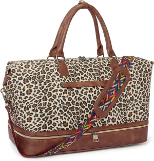 CLUCI Weekend Bags for Women Garment Bags for Travel Canvas Carry on Bag Spirit Airlines Personal Item Bags with Shoe Compartment Leopard Pattern with Brown