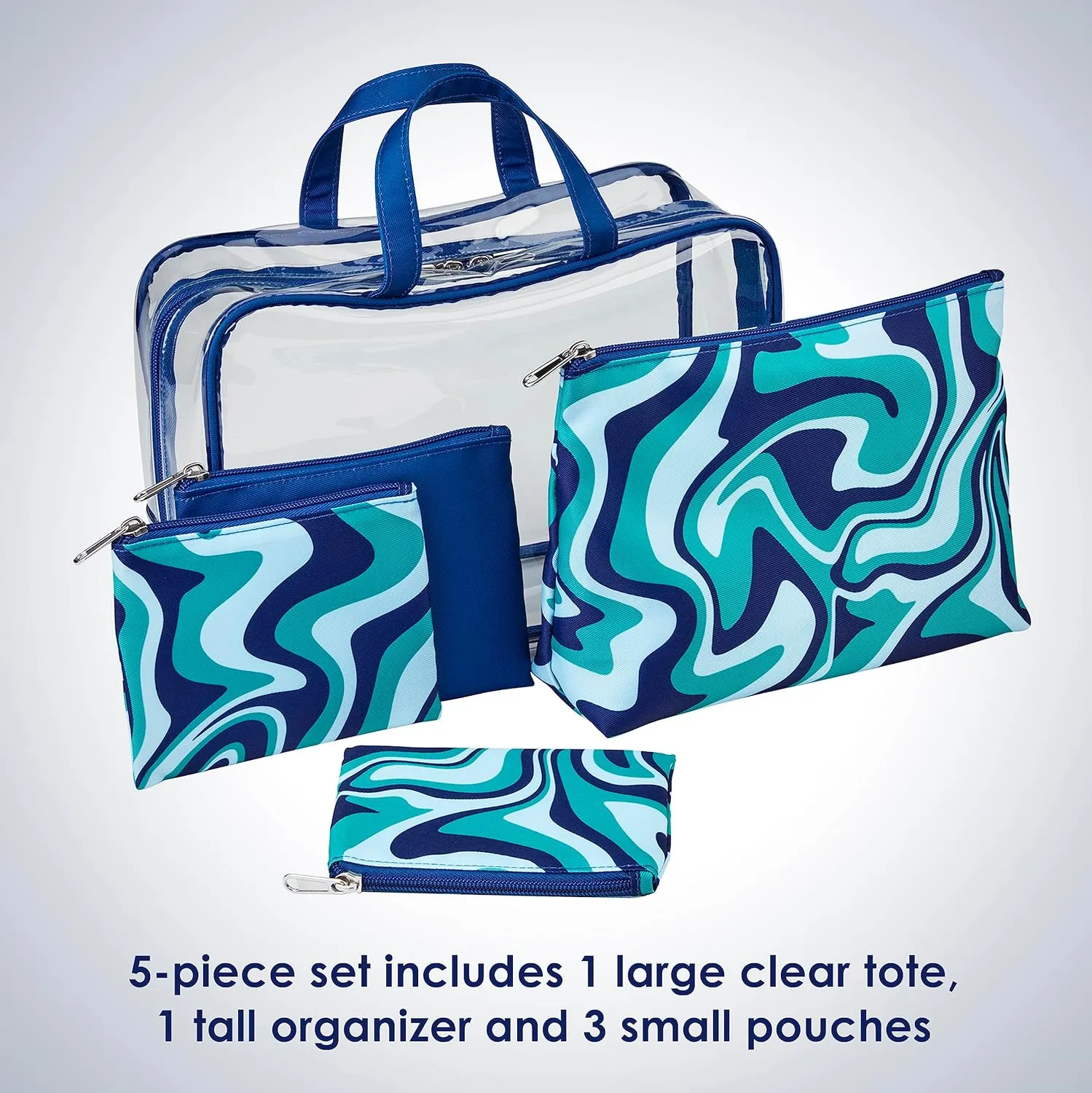 Conair 5 Piece Toiletry and Cosmetic Bag Set Under $30, Includes 1 Large Weekender Bag and 4 Organizer Bags in Blue Swirl Prints
