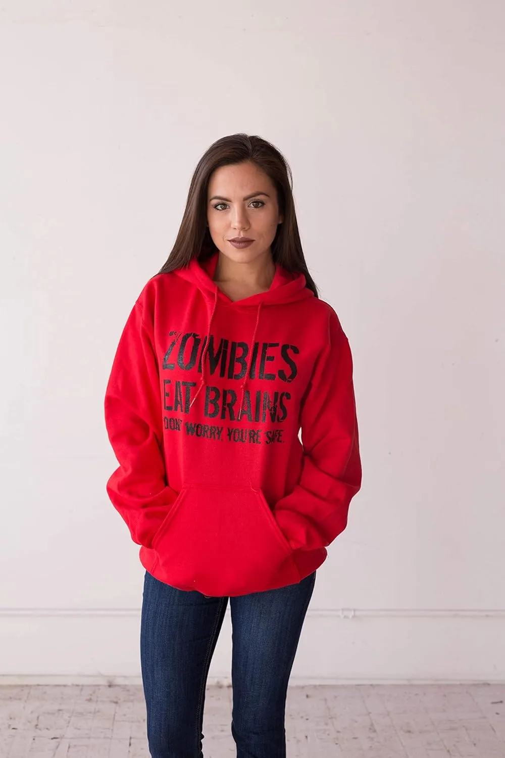 Crazy Dog Unisex Zombies Eat Brains Don't Worry You're Safe Funny Halloween Hoodie