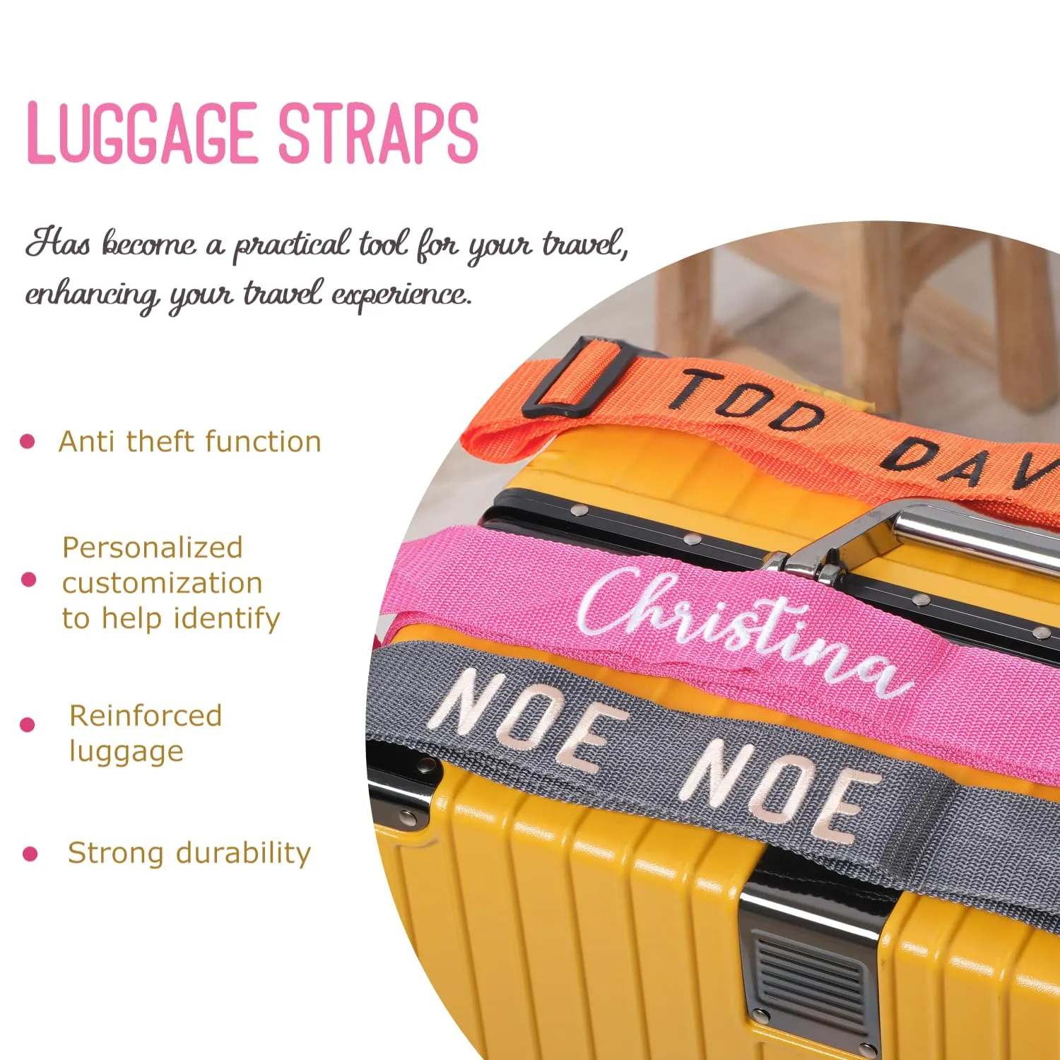 Custom Luggage Straps for Safe Travel - Personalized Embroidered Suitcase Belts, Unique Presents for Frequent Flyers, Business Travelers, and Vacationers - 11 Colors, Adjustable 97cm-180cm (Blue)