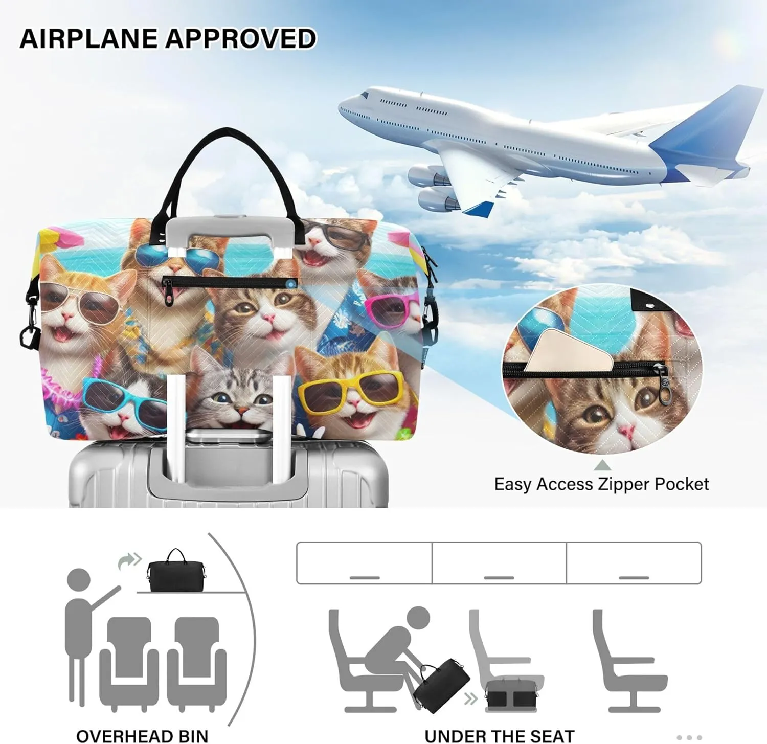 Cute Cats Print Duffel Bags Travel Makeup Bag Set of 2, Animal Print Gym Bag Small Overnight Bags