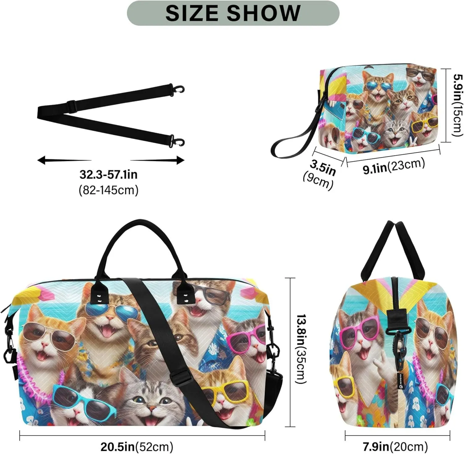 Cute Cats Print Duffel Bags Travel Makeup Bag Set of 2, Animal Print Gym Bag Small Overnight Bags