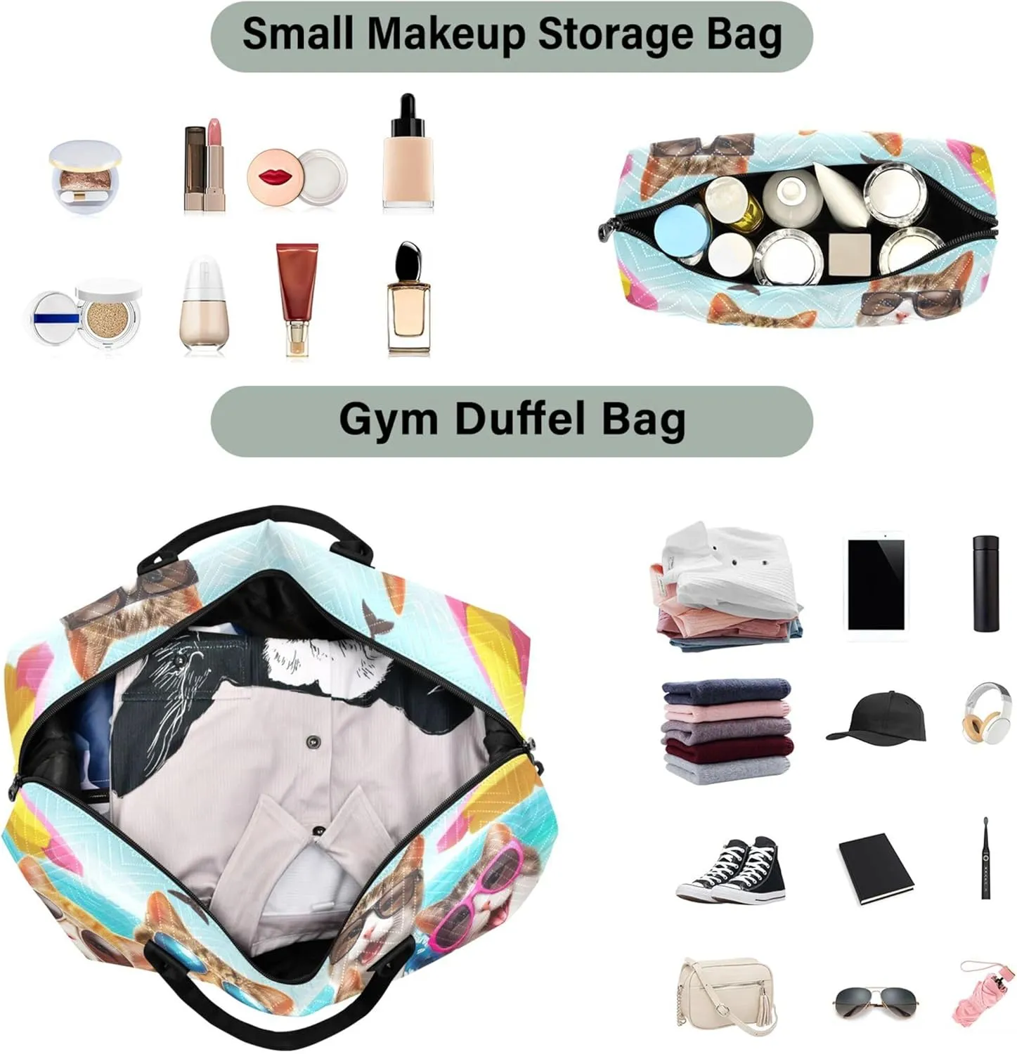 Cute Cats Print Duffel Bags Travel Makeup Bag Set of 2, Animal Print Gym Bag Small Overnight Bags
