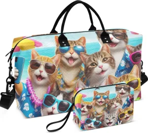 Cute Cats Print Duffel Bags Travel Makeup Bag Set of 2, Animal Print Gym Bag Small Overnight Bags