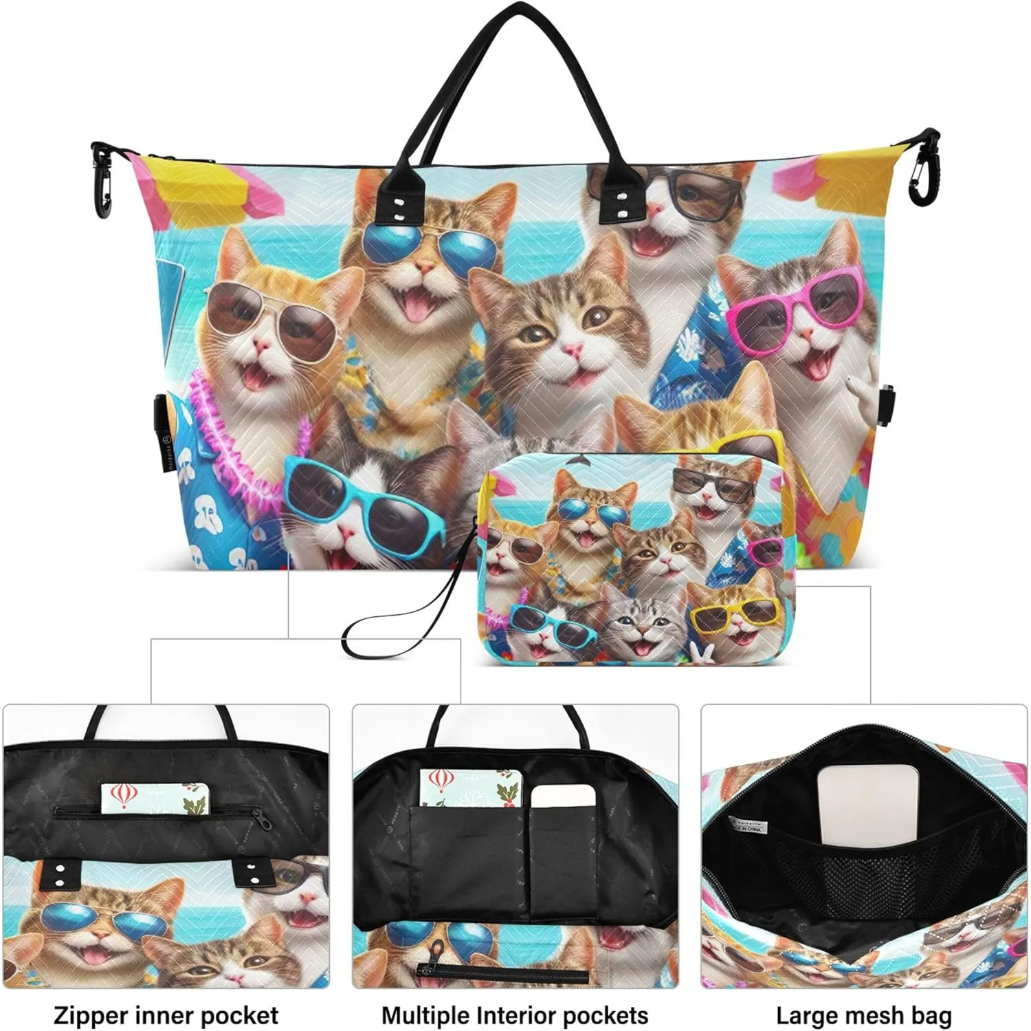 Cute Cats Print Duffel Bags Travel Makeup Bag Set of 2, Animal Print Gym Bag Small Overnight Bags