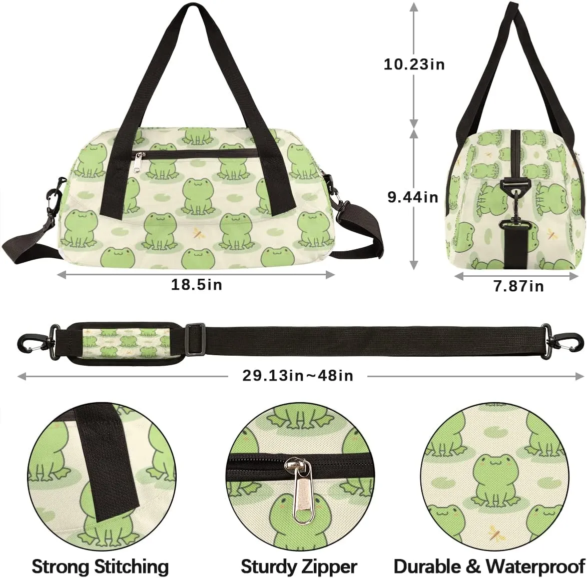 Cute Frog Kids Duffle Bag for Boys & Girls - Dance, Gym, Overnight & School Bag - Animal Green Frog Pattern