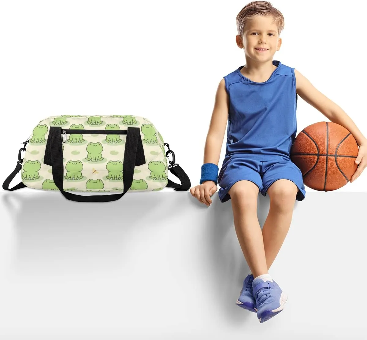 Cute Frog Kids Duffle Bag for Boys & Girls - Dance, Gym, Overnight & School Bag - Animal Green Frog Pattern