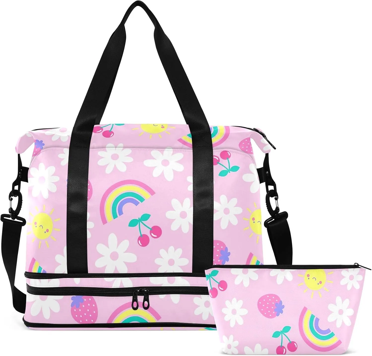 Cute Fruit Daisy Flower Rainbow Duffle Bags for Women Large Travel Waterproof Women Gym Bag, Weekender Bag for Women with Dry and Wet Separation