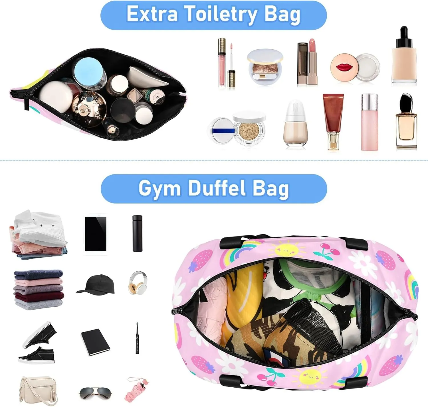 Cute Fruit Daisy Flower Rainbow Duffle Bags for Women Large Travel Waterproof Women Gym Bag, Weekender Bag for Women with Dry and Wet Separation