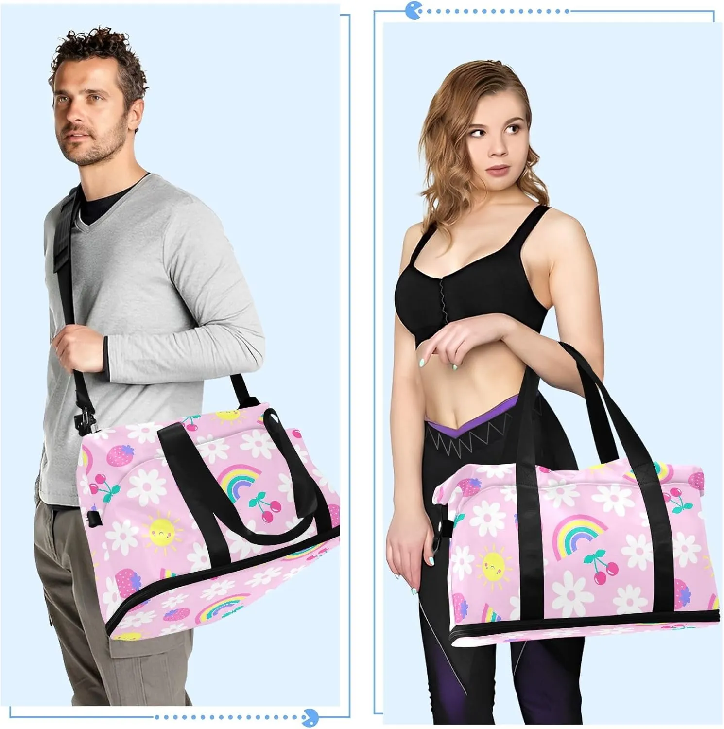 Cute Fruit Daisy Flower Rainbow Duffle Bags for Women Large Travel Waterproof Women Gym Bag, Weekender Bag for Women with Dry and Wet Separation