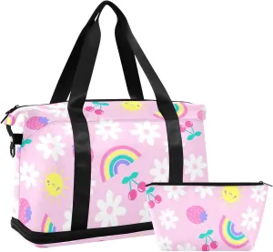 Cute Fruit Daisy Flower Rainbow Duffle Bags for Women Large Travel Waterproof Women Gym Bag, Weekender Bag for Women with Dry and Wet Separation