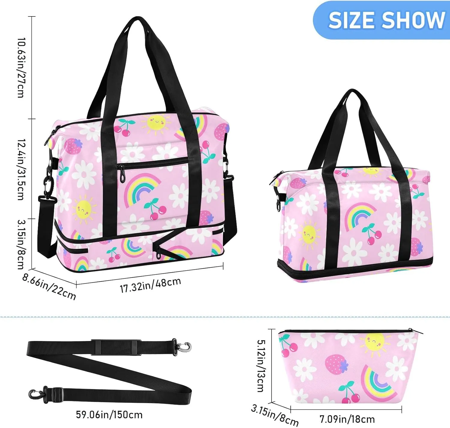 Cute Fruit Daisy Flower Rainbow Duffle Bags for Women Large Travel Waterproof Women Gym Bag, Weekender Bag for Women with Dry and Wet Separation