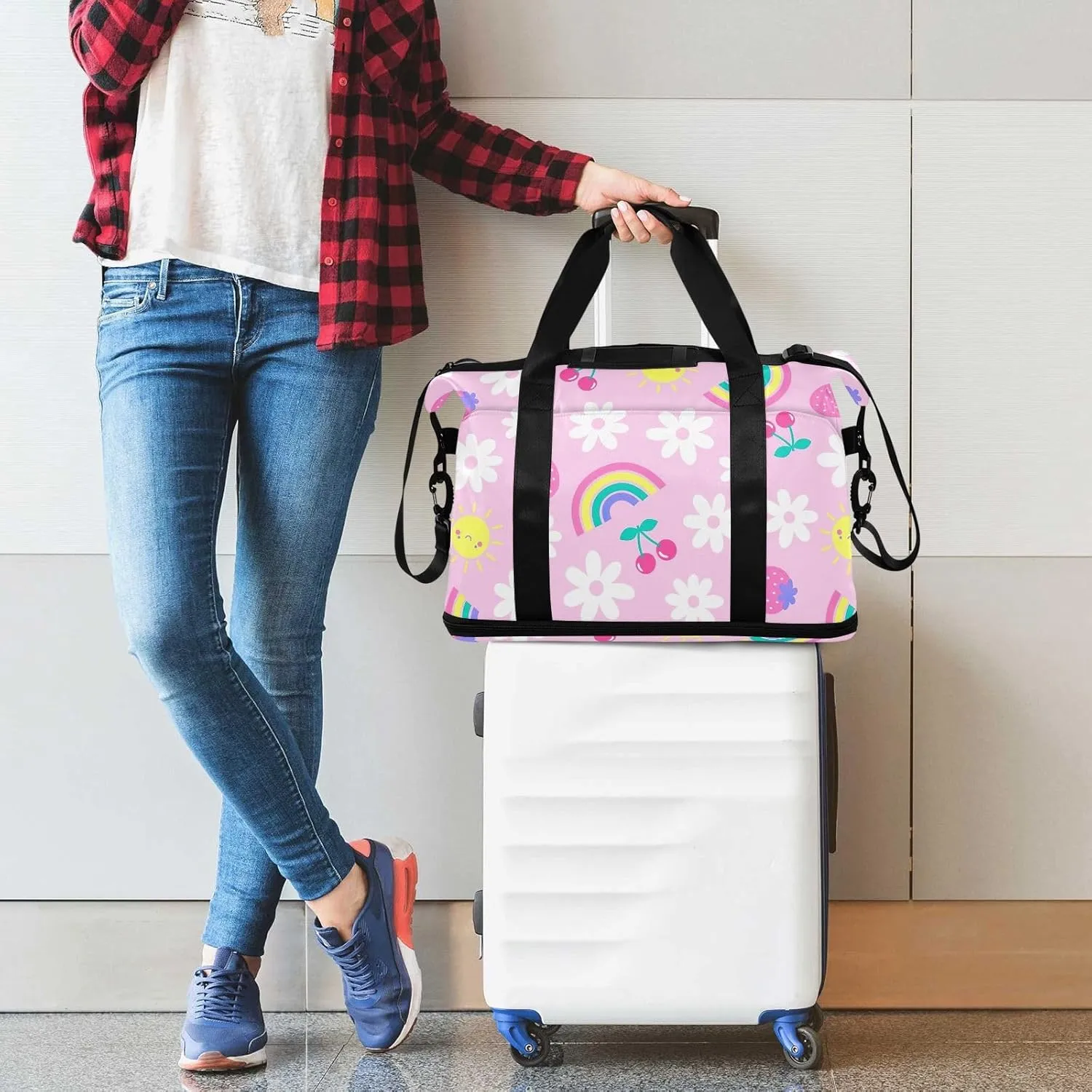 Cute Fruit Daisy Flower Rainbow Duffle Bags for Women Large Travel Waterproof Women Gym Bag, Weekender Bag for Women with Dry and Wet Separation