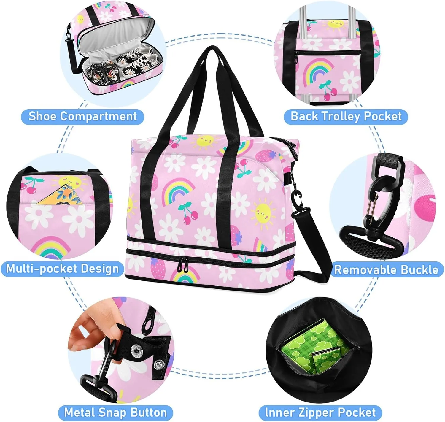 Cute Fruit Daisy Flower Rainbow Duffle Bags for Women Large Travel Waterproof Women Gym Bag, Weekender Bag for Women with Dry and Wet Separation