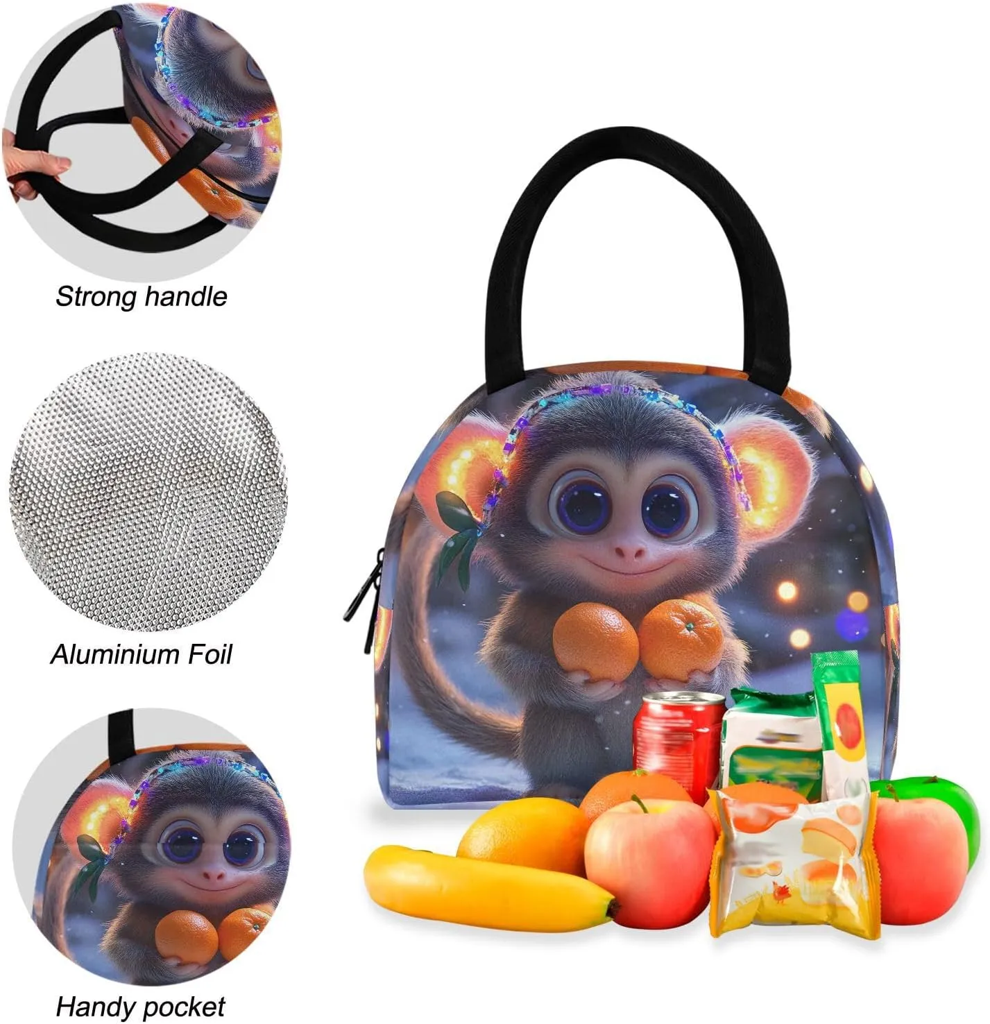 Cute Monkey Bookbag Waterproof Soft Cooler, Book Bags with Lunch Box