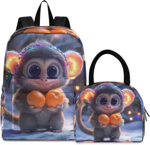 Cute Monkey Bookbag Waterproof Soft Cooler, Book Bags with Lunch Box