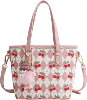 Cute Shoulder Bag for Women PU Leather Cherry Pattern Small Satchel Handbags Purse Mini Tote Bags