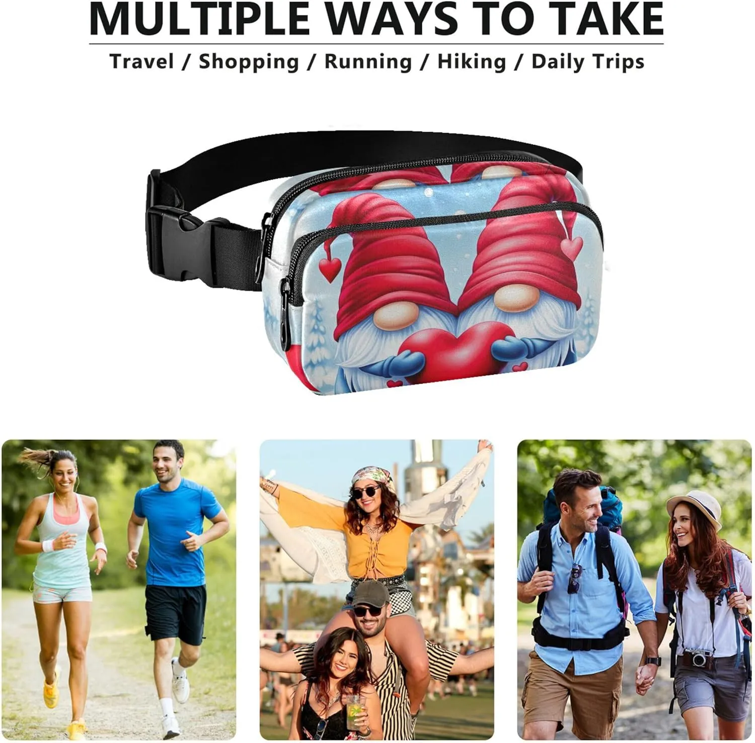 Cute Valentine Gnomes Women Fanny Pack Waterproof Belt Bag Hip Pack Cute Waist Pouches for Men
