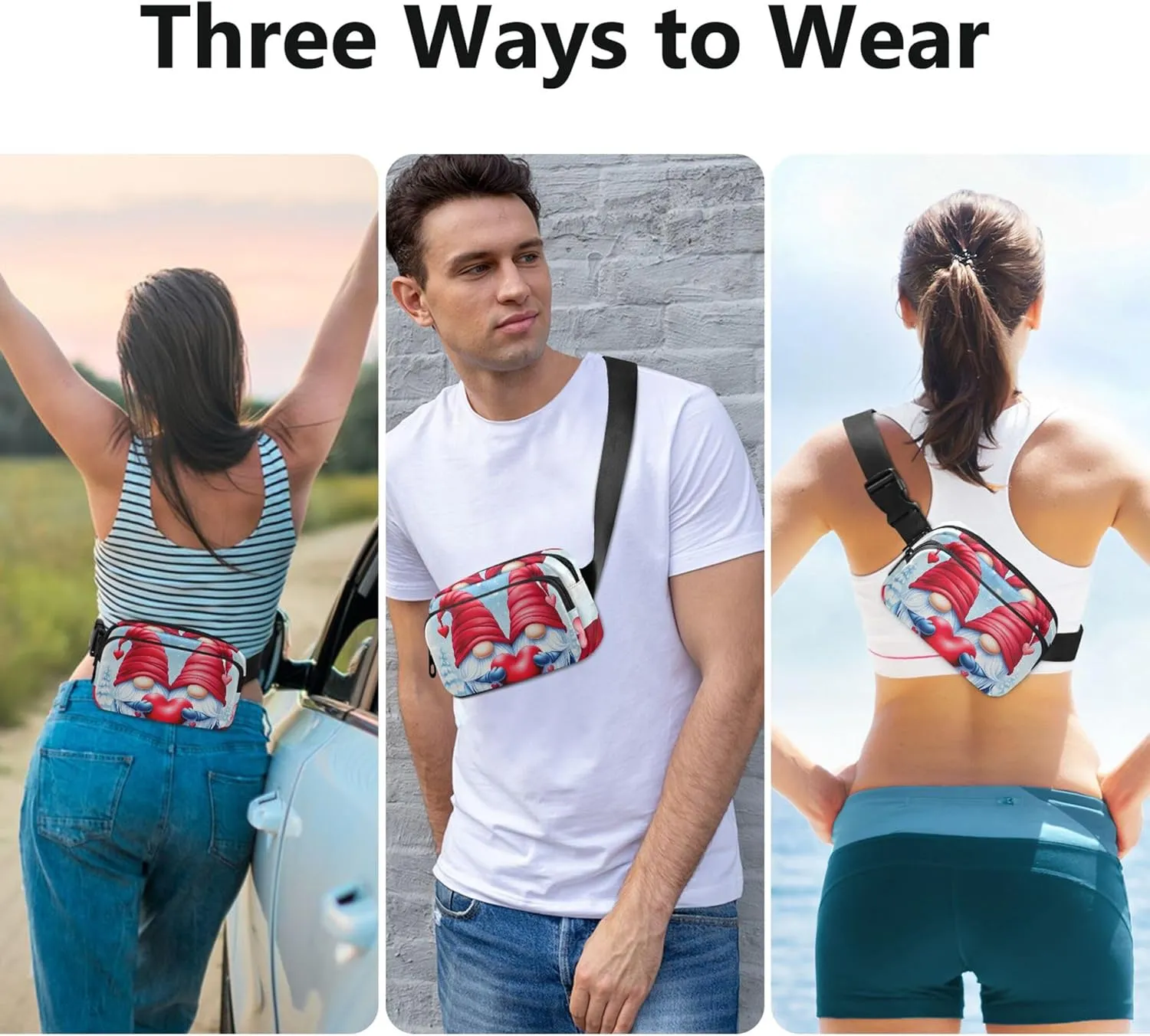 Cute Valentine Gnomes Women Fanny Pack Waterproof Belt Bag Hip Pack Cute Waist Pouches for Men