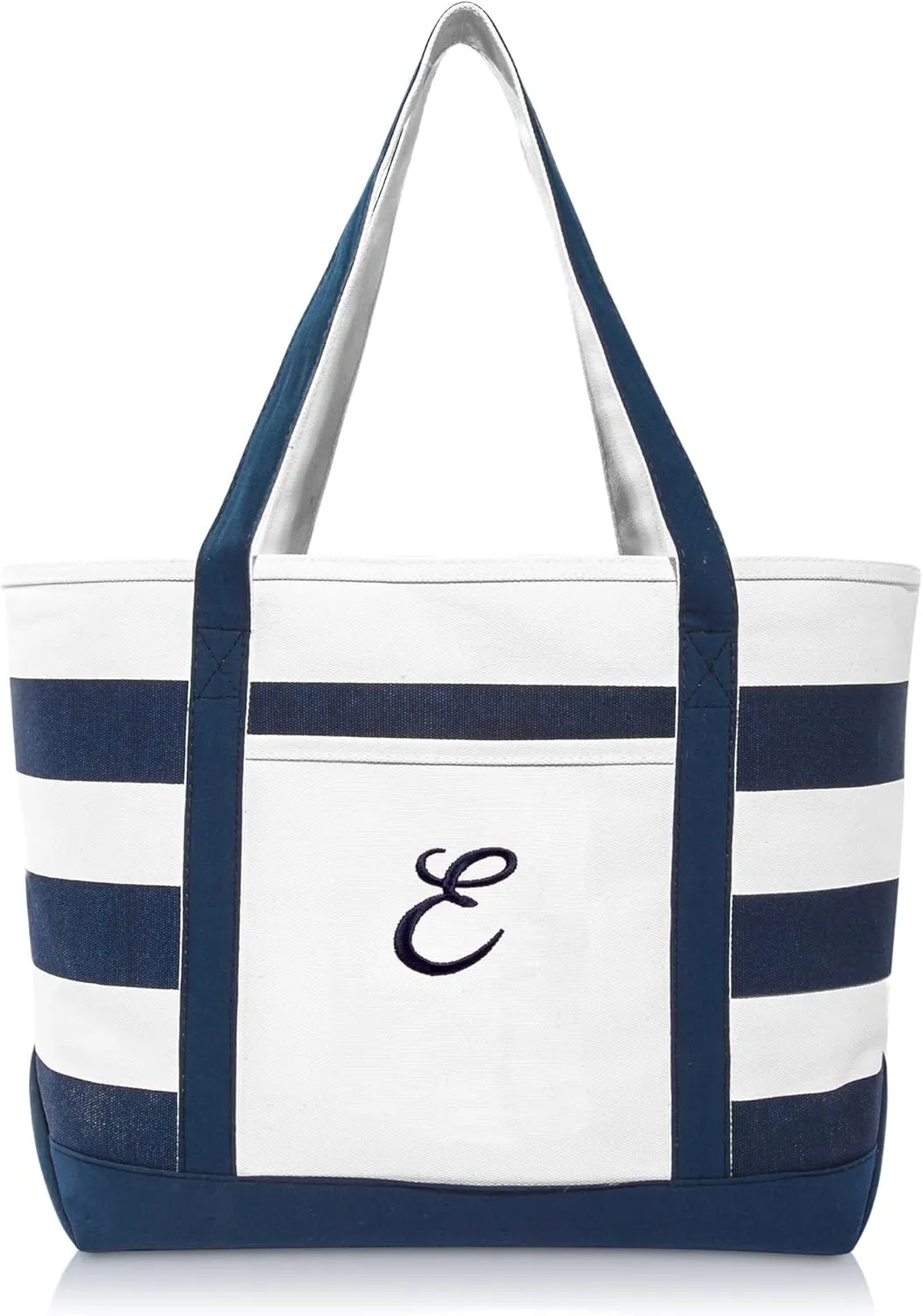 DALIX Premium Beach Bags Striped Navy Blue Zippered Tote Bag Monogrammed A - Z