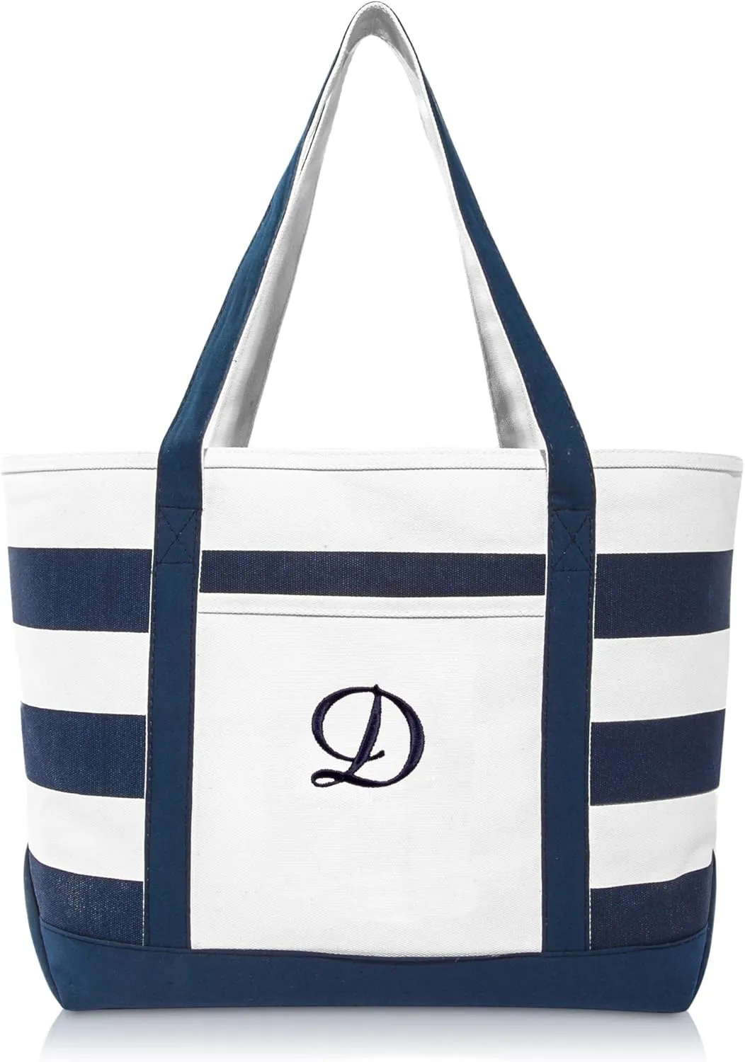 DALIX Premium Beach Bags Striped Navy Blue Zippered Tote Bag Monogrammed A - Z