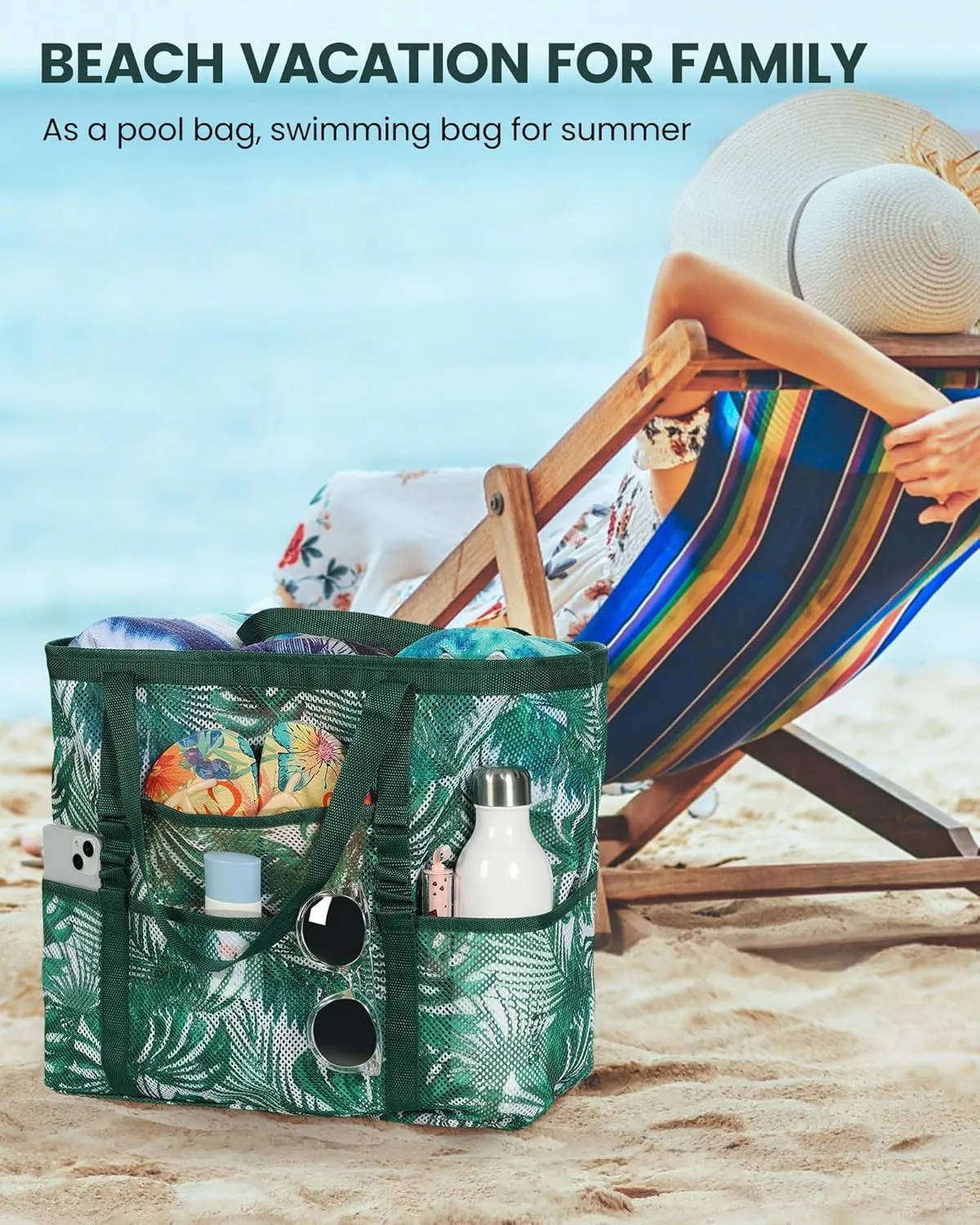 DOFOWORK Beach Bags for Women - Large beach bag, Mesh Beach Bag with 9 Pockets, Lightweight Tote Bag for Vacation