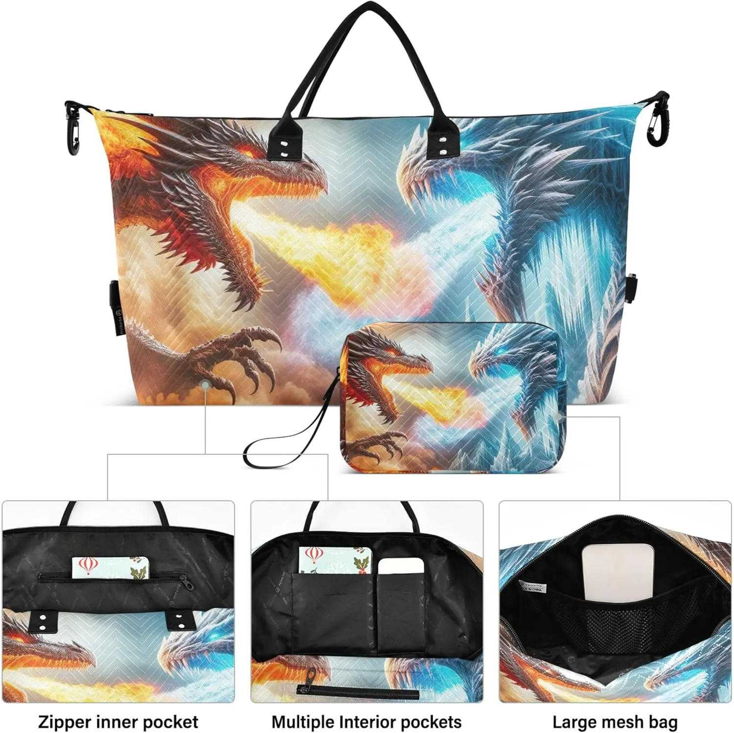 Dragon Fire Fighting Travel Duffel Bags Makeup Pouch Set of 2, Painting Womens Luggage Bag Carry on Bags