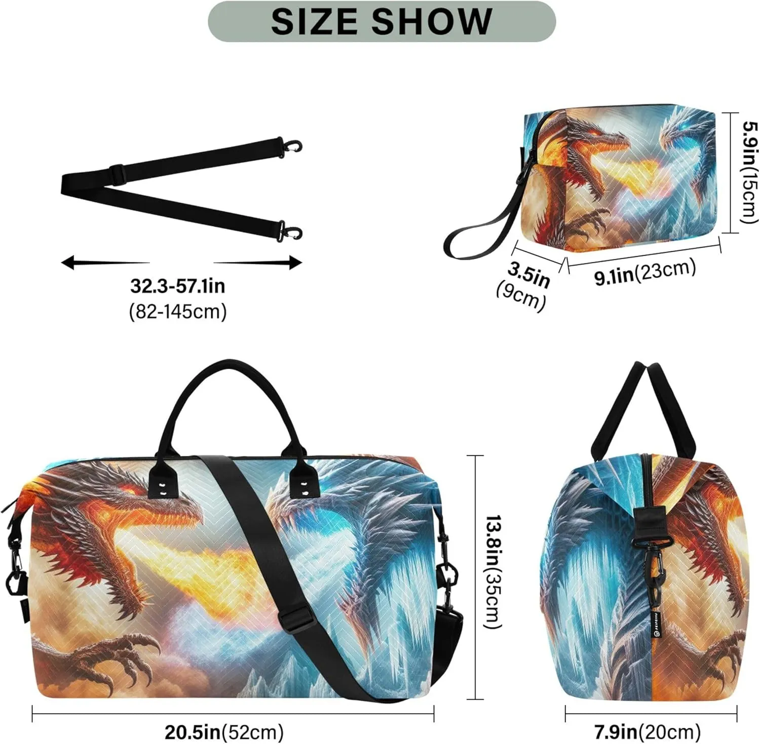 Dragon Fire Fighting Travel Duffel Bags Makeup Pouch Set of 2, Painting Womens Luggage Bag Carry on Bags