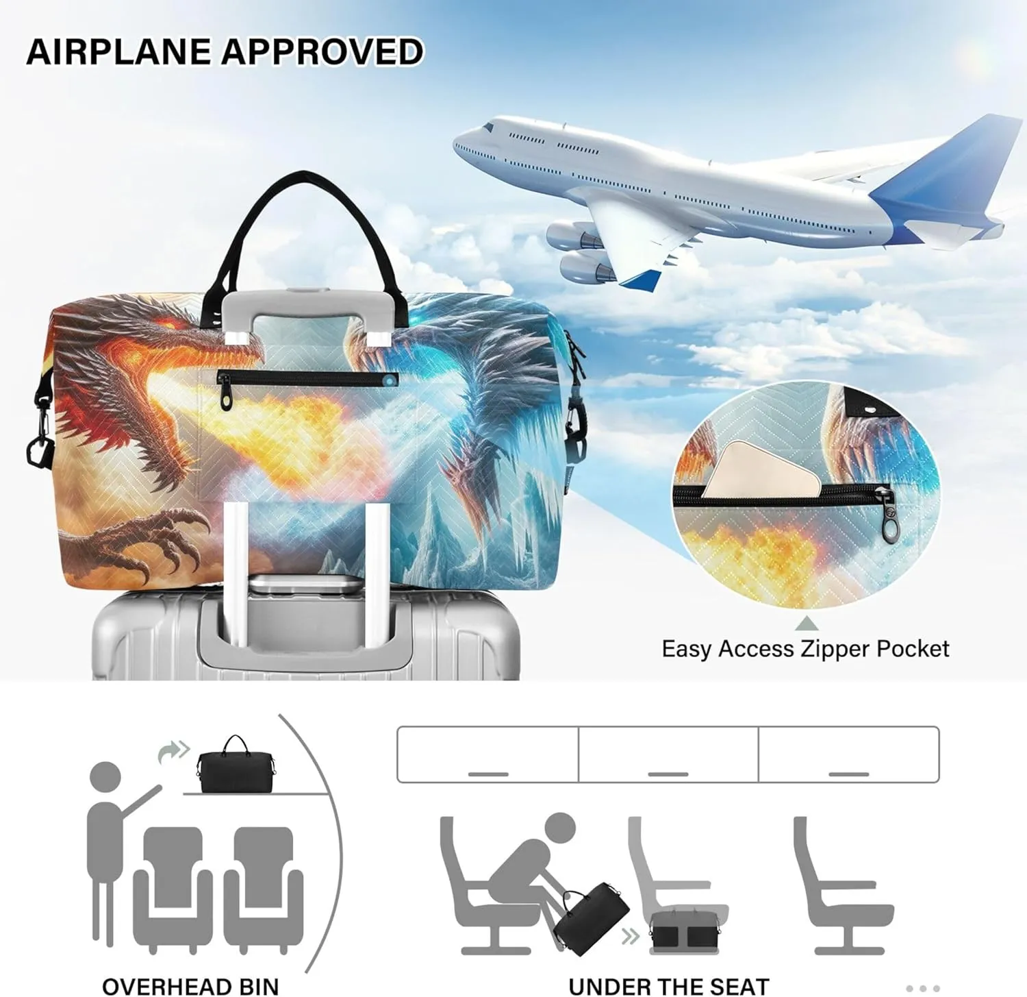 Dragon Fire Fighting Travel Duffel Bags Makeup Pouch Set of 2, Painting Womens Luggage Bag Carry on Bags