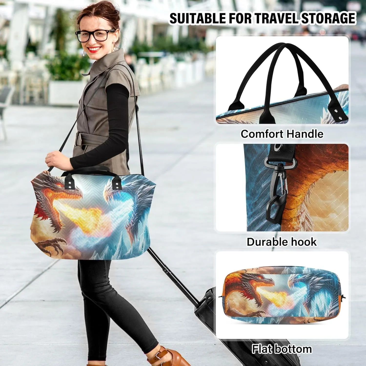 Dragon Fire Fighting Travel Duffel Bags Makeup Pouch Set of 2, Painting Womens Luggage Bag Carry on Bags