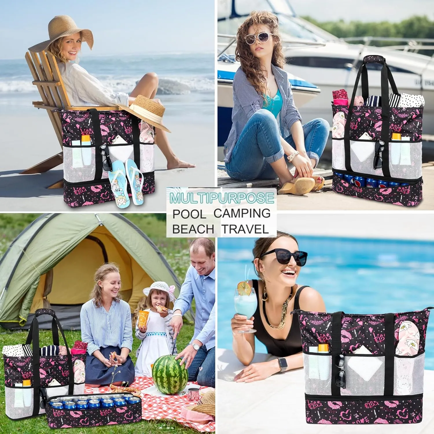 DSIUE Beach Bags with Cooler - Waterproof Sandproof Tote for Women - Large Pool Gym Travel Bag