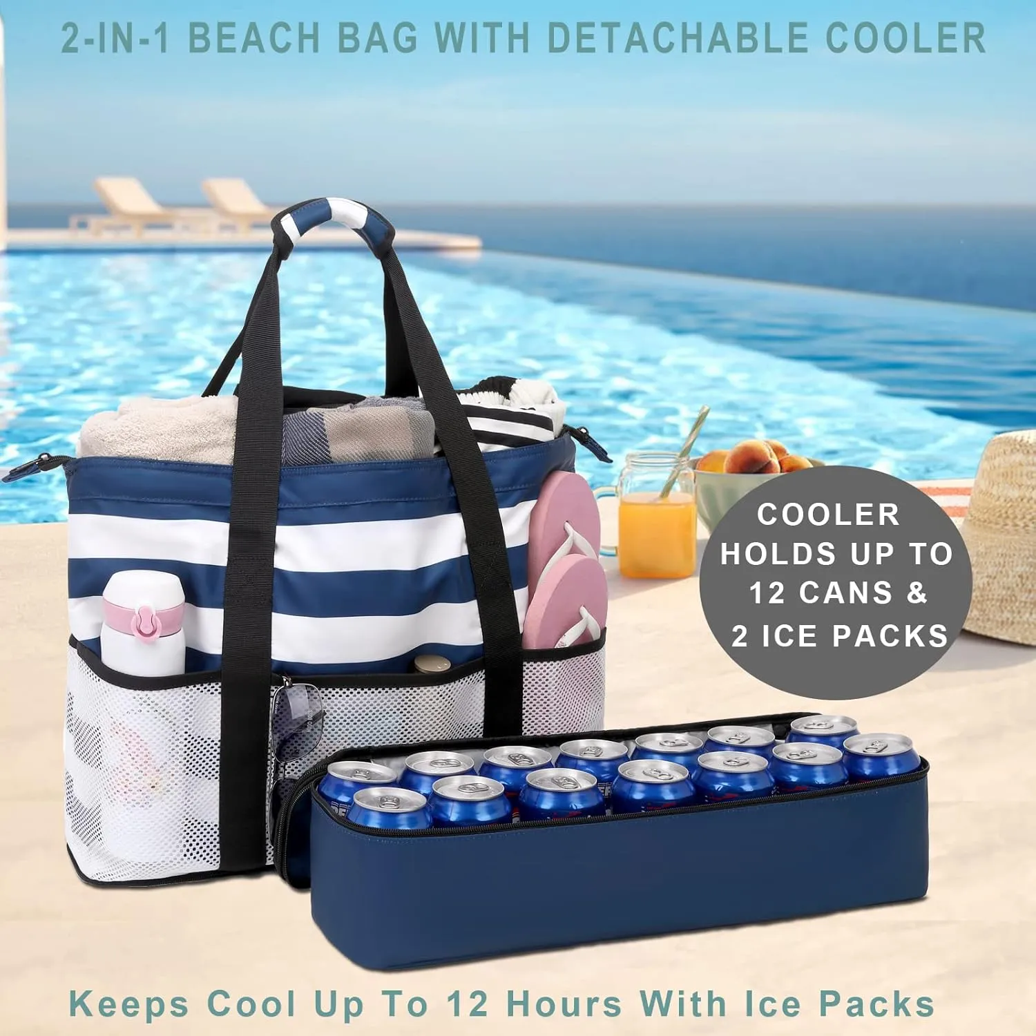 DSIUE Beach Bags with Cooler - Waterproof Sandproof Tote for Women - Large Pool Gym Travel Bag