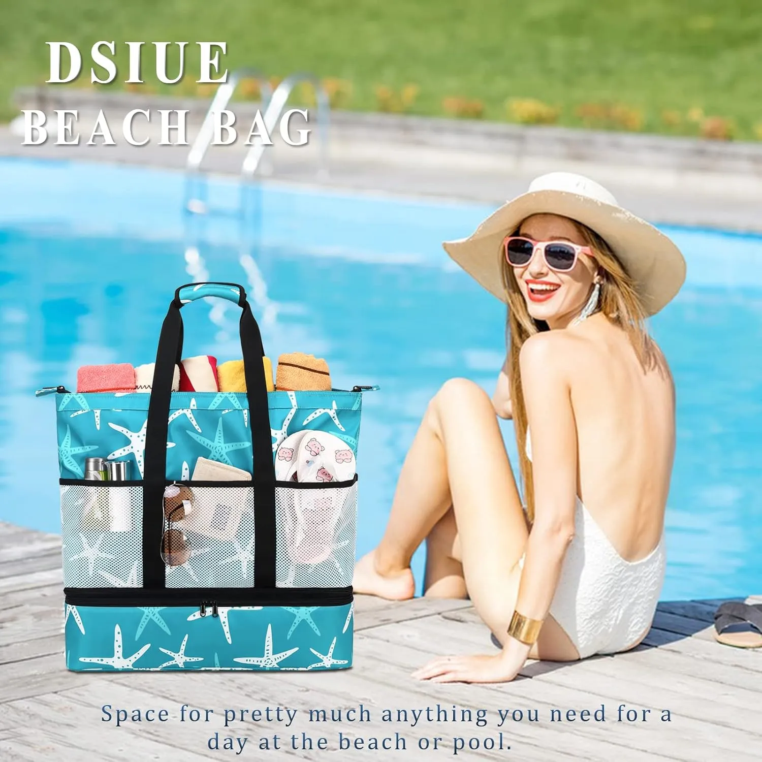 DSIUE Beach Bags with Cooler - Waterproof Sandproof Tote for Women - Large Pool Gym Travel Bag
