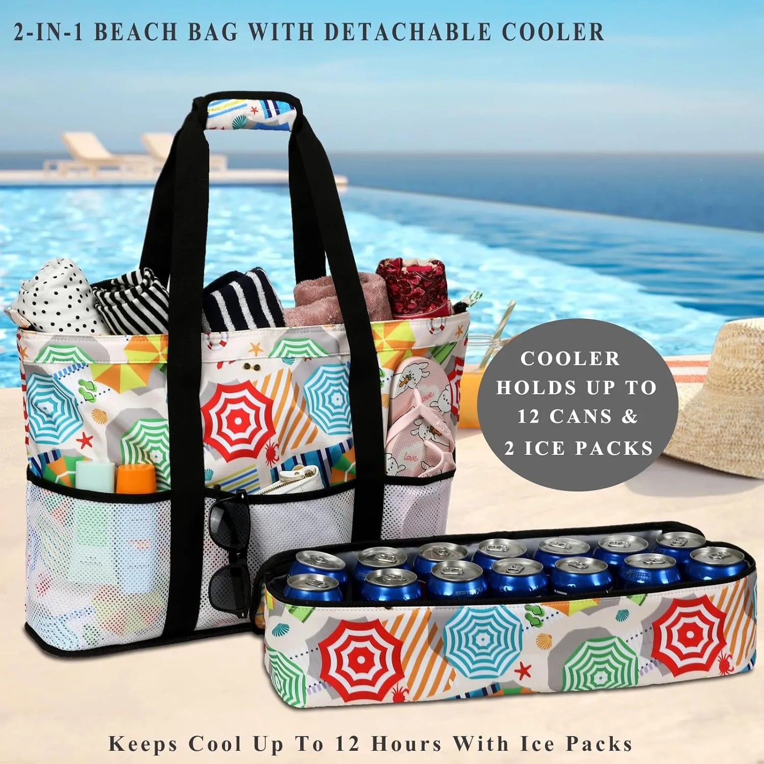 DSIUE Beach Bags with Cooler - Waterproof Sandproof Tote for Women - Large Pool Gym Travel Bag