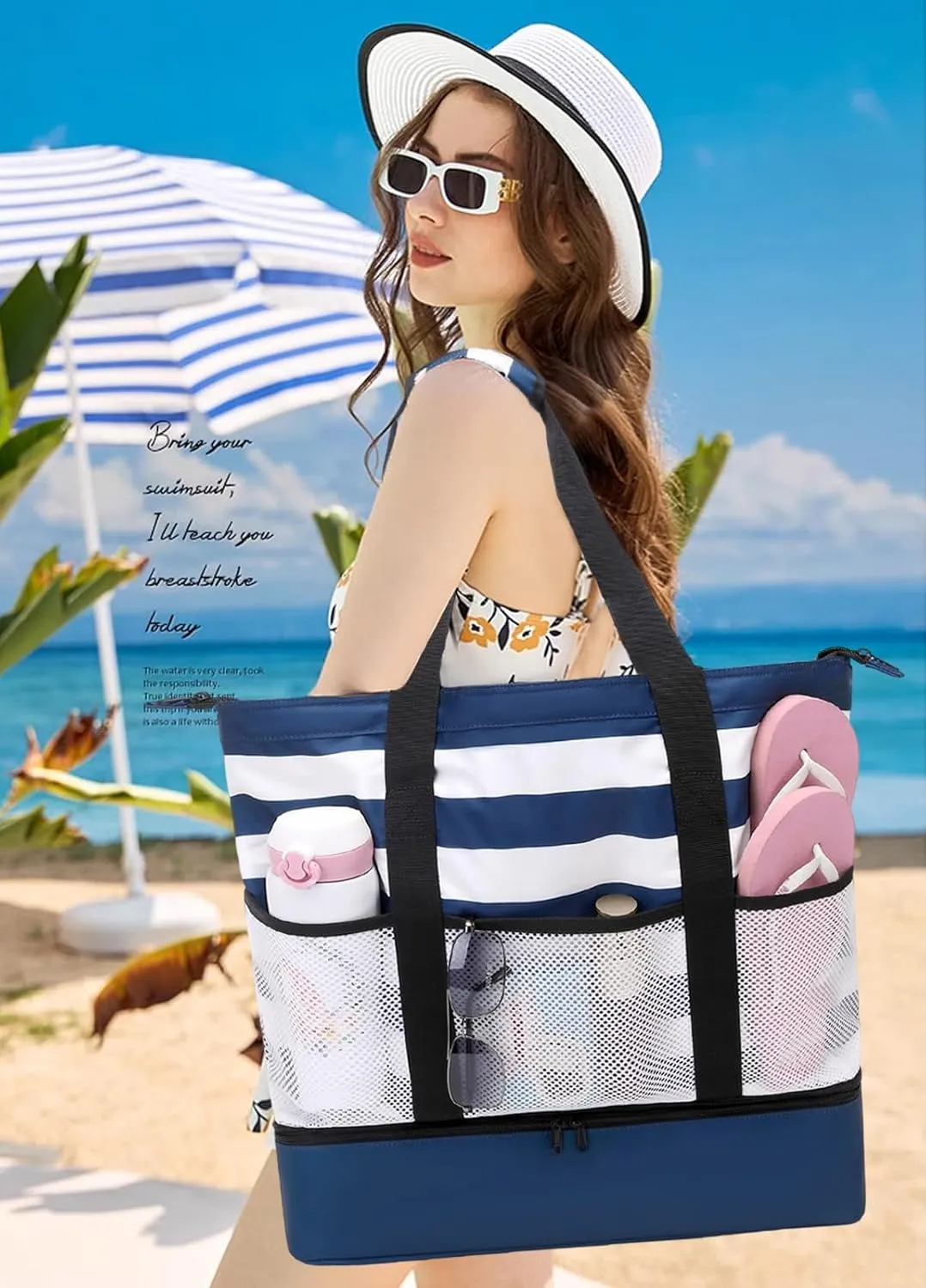 DSIUE Beach Bags with Cooler - Waterproof Sandproof Tote for Women - Large Pool Gym Travel Bag