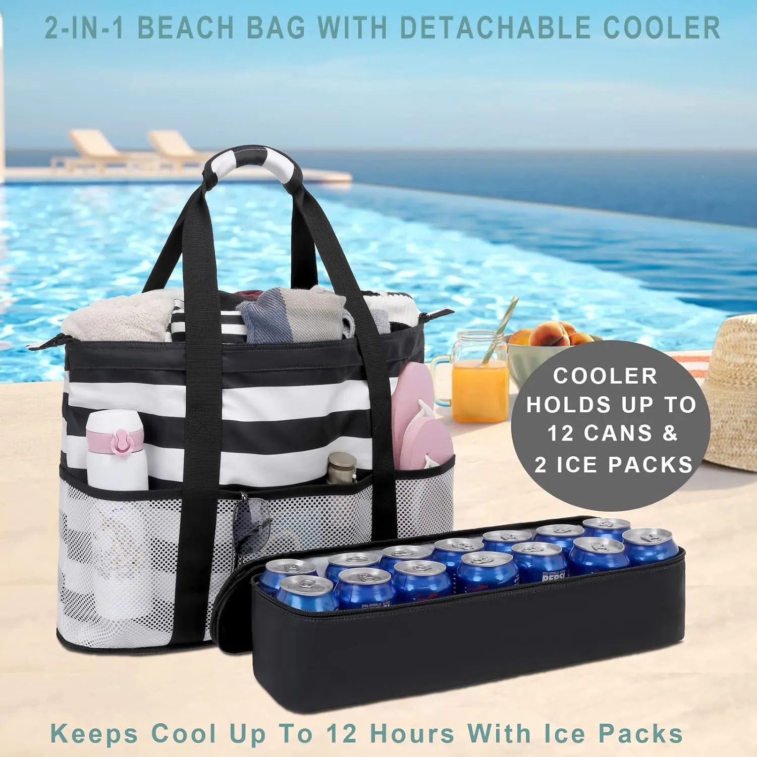 DSIUE Beach Bags with Cooler - Waterproof Sandproof Tote for Women - Large Pool Gym Travel Bag