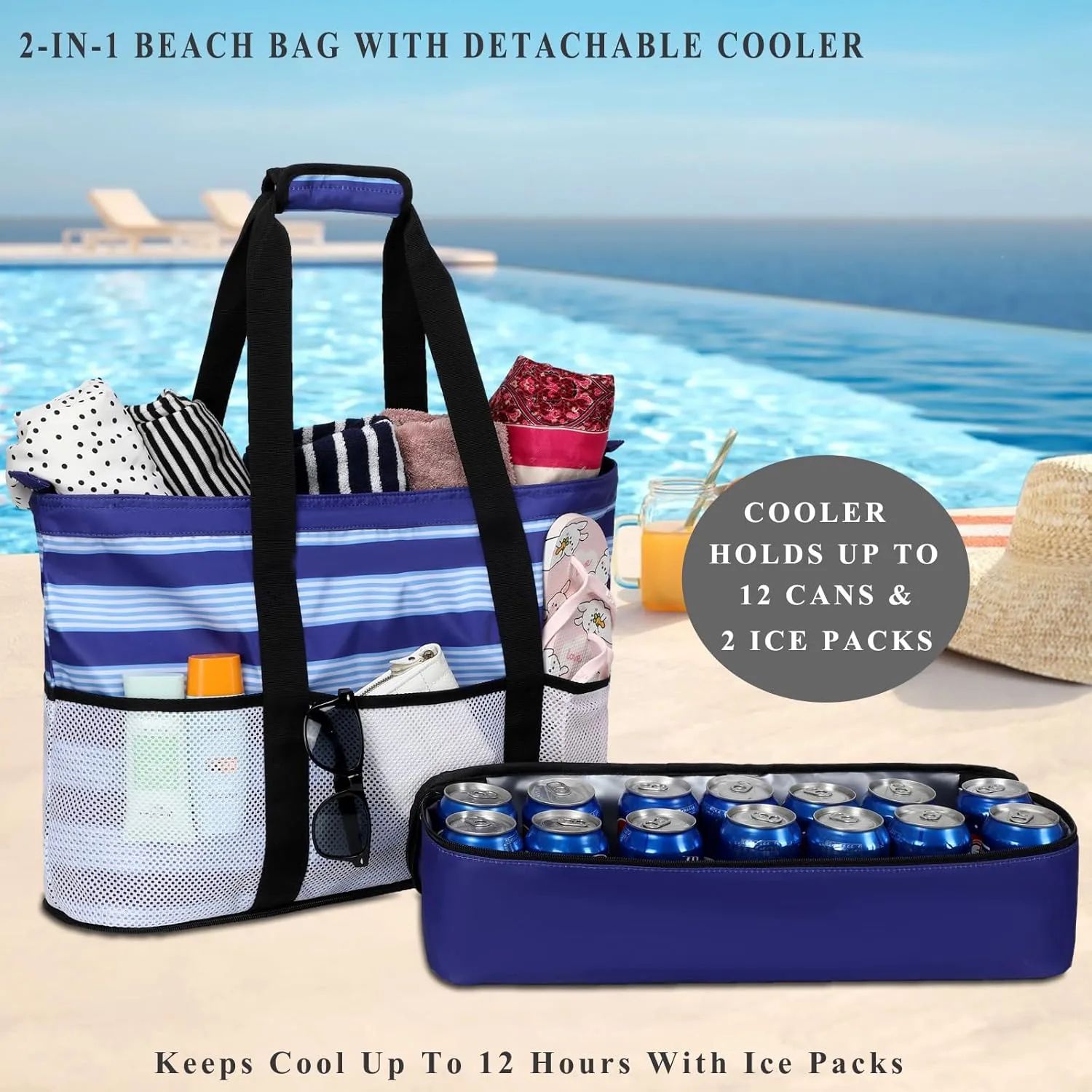 DSIUE Beach Bags with Cooler - Waterproof Sandproof Tote for Women - Large Pool Gym Travel Bag