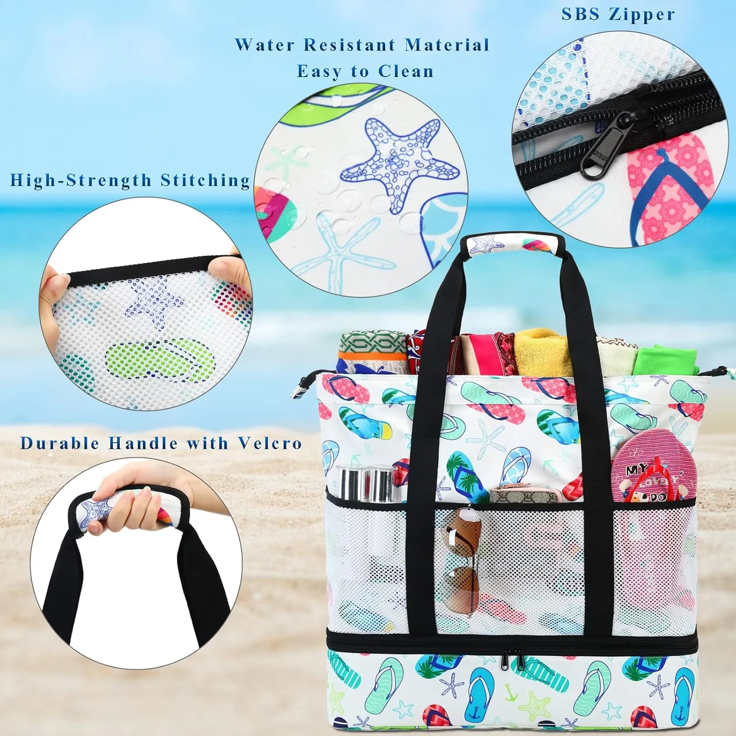 DSIUE Beach Bags with Cooler - Waterproof Sandproof Tote for Women - Large Pool Gym Travel Bag