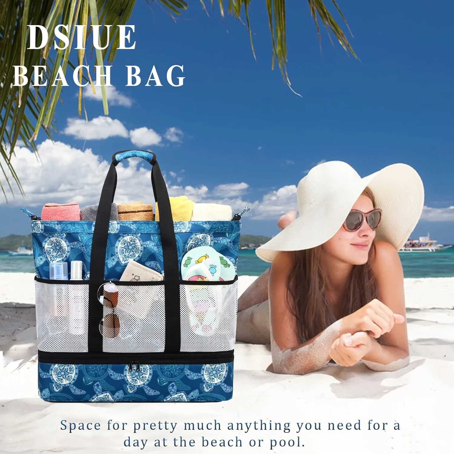 DSIUE Beach Bags with Cooler - Waterproof Sandproof Tote for Women - Large Pool Gym Travel Bag