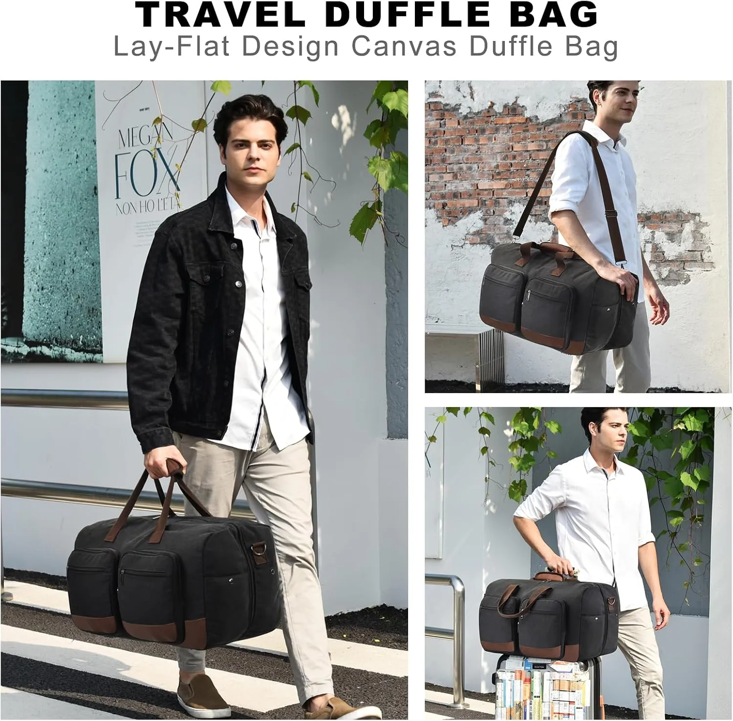 Duffle Bag for Travel, Canvas Travel Duffel Bags with Lay-Flat Design, Large Travel Duffle Overnight Weekend Gym Carry On Duffel Bag for Men & Women(Black Toiletry Bag)